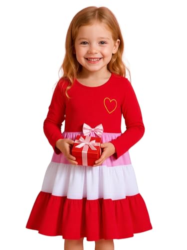 Image of Girl Long Sleeve Dress Ruffle Rainbow Color Block Cotton Casual Tiered Pleated Twirly Dress