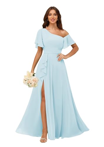 Image of One Shoulder Bridesmaid Dresses for Women with Pockets Short Sleeve Ruffled Chiffon Formal Evening Gowns