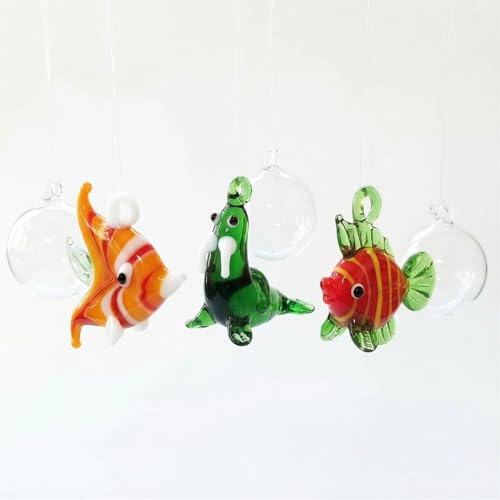 Image of Hand Blown Glass Fish Figurines with Floats, Set of 3 Small Tropical Sea Animal Decor (A)