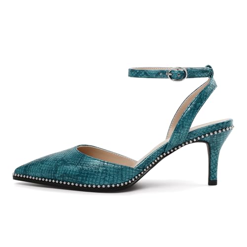 Image of SAMMITOP Kitten Heels for Women Low Heel Closed Toe Ankle Strap Pumps Wedding Party Beaded Dress Shoes 2.4 Inch