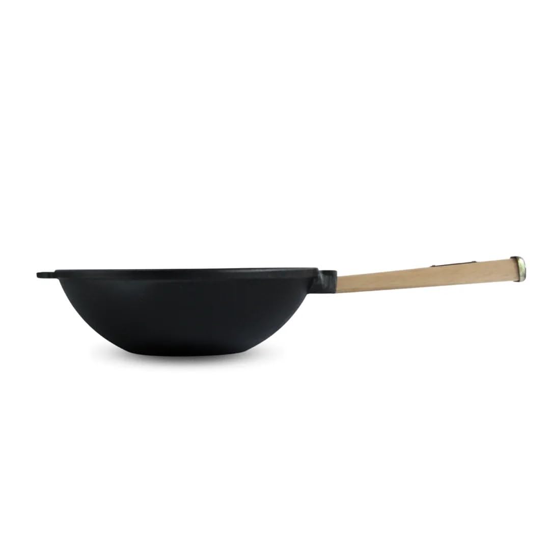 4BIG.fun Wok in ghisa 26 cm 2,8 L Padella wok adatta all'induzione robusta e rustica con manico rimovibile, per esterni, da campeggio