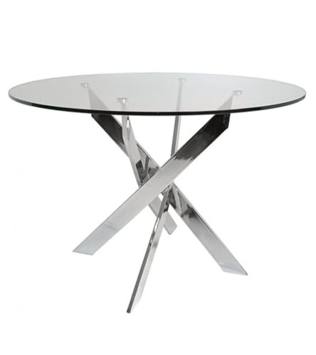 Home Heavenly® - Mesa Comedor Redonda de Cristal Dan, de 110 cm diámetro x 73 cm Altura. 4 Patas entrecruzadas. (Plateado)