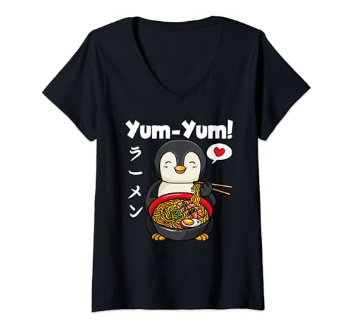 Yum Yum - Fideos ramen de anime japonés, lindo pingüino Camiseta Cuello V