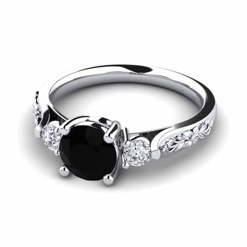 925 Sterling Silver White Gold Finish 2.5 Ct Round Cut Onyx Black & White Diamond Three Stone With Flower Design Band Wedding Engagement Ring For Womens2