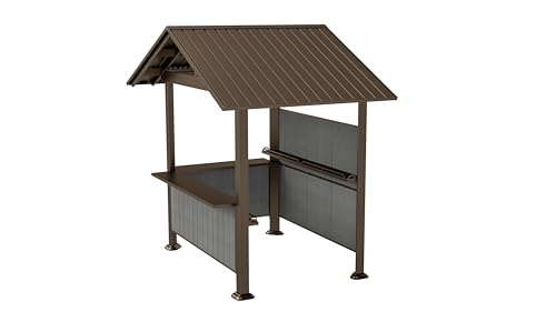 Image of 9x10FT Hardtop Grill Gazebo, Lean to Outdoor BBQ Shelter with Galvanized Steel Slanted Roof, Permanent Metal Grilling Station with Storage Shelves & Bar Platform for Patio (Gray, 9.4x6.2FT)