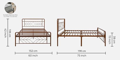 Image of Vara Metal Queen Size Bed Without Storage | Wrought Iron Double Bed with Headboard & Footboard | Sturdy Powder Coated Platform Bed Queen Size Cot for BedroomLivingRoom Brown (75x60)