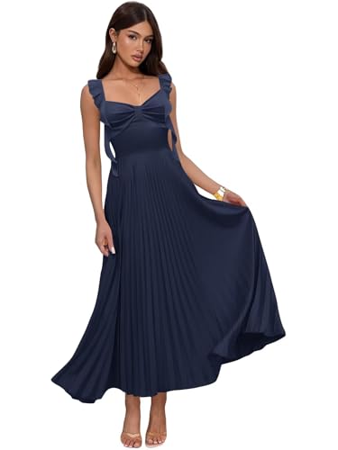 Eightale Satin Ruffle Bridesmaid Dress Pleated Tea Length A-Line Formal Evening Gown for Women