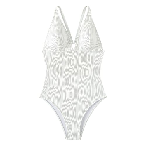 Bañadores Mujer Traje de Baño Reductores Push Up Traje de Baño en V Profundo Color Sólido Tela Agua Sin Espalda L para Mujer Bañador Sexy Bañador Natacion (White L)