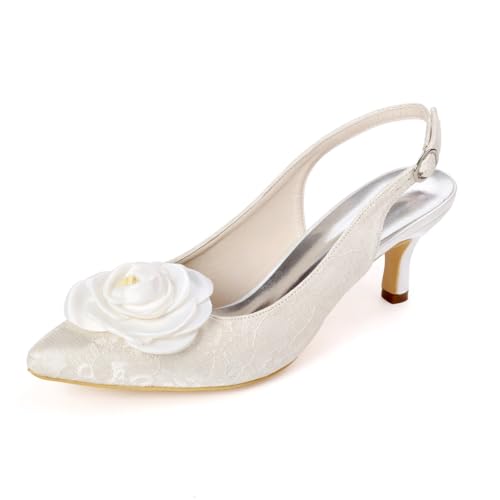 Zapatos De Novia De Encaje De Tacón De Gatito para Mujer Sandalias De Boda Destalonadas con Punta Puntiaguda Zapatos De Vestir De Fiesta Sin Cordones con Flores,Marfil,36 EU