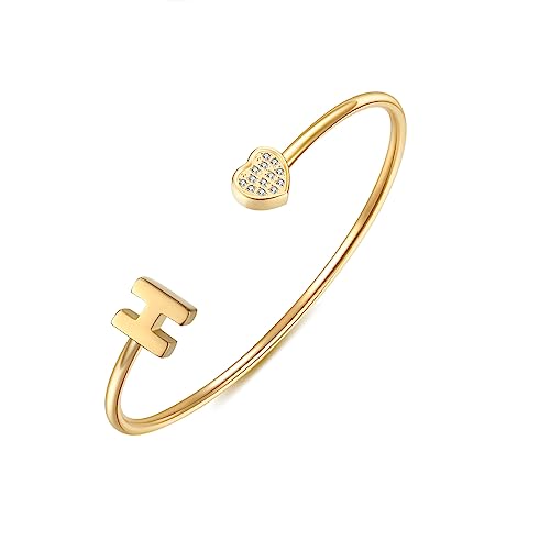 Image of VQYSKO Heart Initial Cuff Bracelets for Woman-CZ Stainless Steel Adjustable Open Bracelet Woman Jewellery,Birthday Gifts for Woman