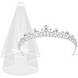 Tiara and Lace Bridal Veil, Crown Wedding Veils and Headpieces for Women, Rhinestone Headband with Wreath Crown Veil, Princess Decorations for Girls Crystal Crown for Bachelorette Bridal Party
