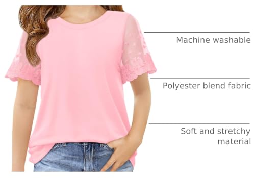 Image of Haloumoning Girls Lace Short Sleeve T Shirts Kids Summer Crewneck Tunic Tops Curved Hem 5-14 Years