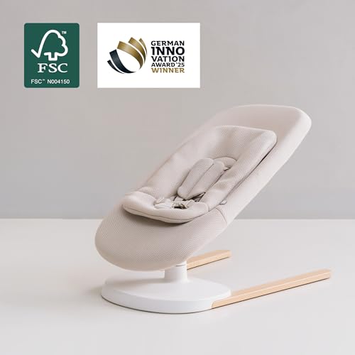 Stokke Yoga Baby Bouncer & Swing, Light Sand - Dual Movement to Soothe & Stimulate Babies Up to 20 lbs - Includes Newborn Cushion for Head Support - Three Adjustable Positions