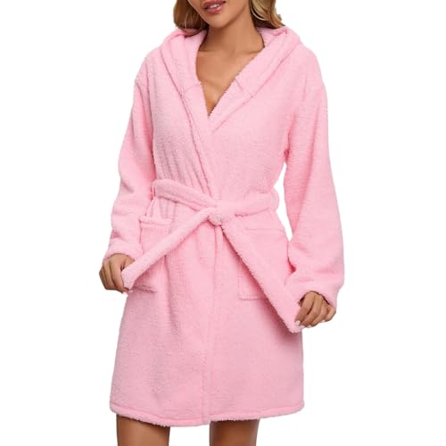 Generisch Albornoz para mujer personalizado, bata larga con capucha, pijama cálido de invierno, mullido, bata de rizo, camisón de manga larga, con bolsillo, color rosa