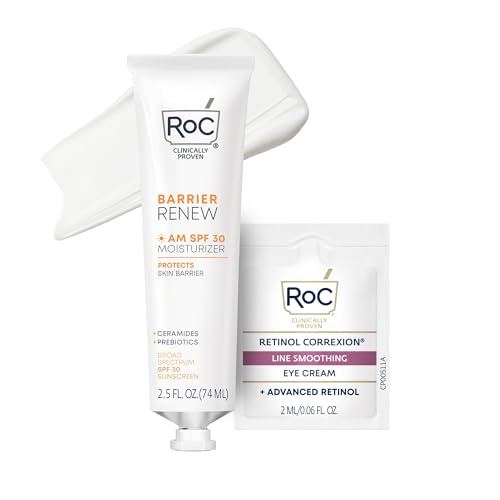 RoC Barrier Renew Day Cream with SPF 30, Moisturizer with Ceramides & Prebiotics to Protect Skin Barrier, (2.5 oz) with Retinol Eye Cream Packette