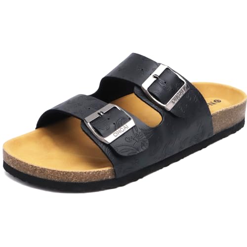 Image of ONCAI Womens Flat Slide Sandals with Arch Support 2 Strap Adjustable Buckle Slip on Slides Shoes Non Slip Rubber Sole