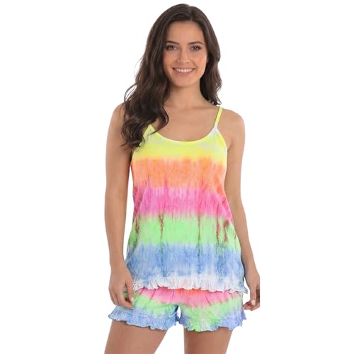 Just Love Women's Tie Dye Pajama Short Set, 100% Cotton Tank and Shorts Sleepwear with Ruffle Detail, Rainbow, 3X