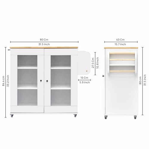 Image of Rocco Walky Kitchen Island Storage Cabinet with Wheels, Solid Rubber Wood Top, Fluted Acrylic Doors, Built-in Power Sockets & LED Lights, Soft-Close Hinges & Side Organizer (White, Medium Size)