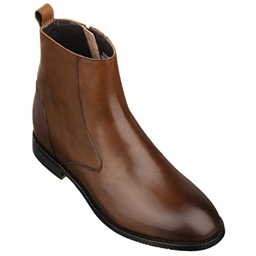 TOTO Men's Invisible Height Increasing Elevator Shoes - Coffee Brown Leather Slip-on Chelsea Boots - 2.6 Inches Taller - K33093 - Size 9 D(M) US