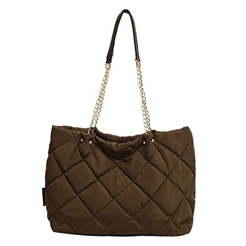 Image of GRPKSSIB Quilted Tote Bag Soft Nylon Shoulder Bag Lightweight Puffer Padding Handbag Puffy Hobo with Chain for Women