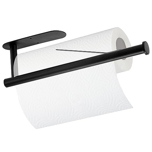 YIHATA Kitchen Roll Holder Under Cabinet, Black Kitchen Paper Towel Holder Self Adhesive or Drilling with roll-off brake and one-handed tearing for Kitchen and Bathroom