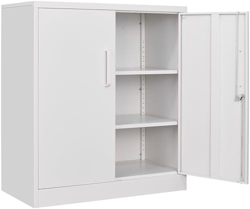 SISESOL White Metal Storage Cabinet with Doors and Shelves,36 inch Small Metal Cabinet with Lock,Short Garage Storage Cabinets,Locking Steel Cupboard for Home,Office,Kitchen,Garages