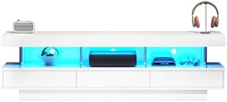 BTM TV Cabinet, TV Stand Cabinet with 3 Drawers & 3 Open Storage Space, White High Gloss TV Unit with LED Lights via Bluetooth, TV Unit for 70-79 inch TV, 160x38x50.5cm