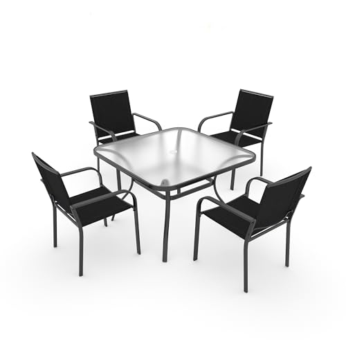 Image of Anmutig 5-Piece Outdoor Patio Dining Set 37-Inch Square Glass Table with 4 Stackable Chairs for Lawn Backyard and Deck, Black