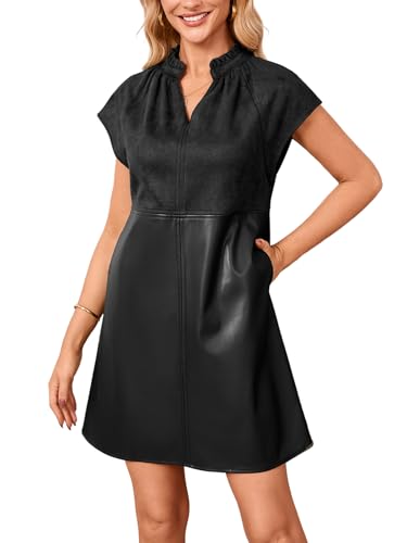 EZAPINE Women’s Faux Suede Mini Dress Fall Cap Sleeve V-Neck Faux Leather Dress Black M