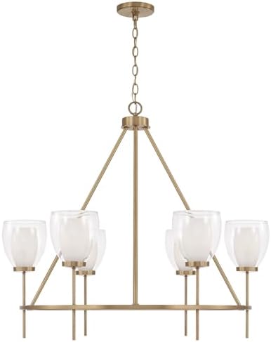 Capital Lighting 455961AD Joss Layered Soft White and Clear Glass Round Chandelier, 6-Light 360 Total Watts, 31" H x 35" W, Aged Brass
