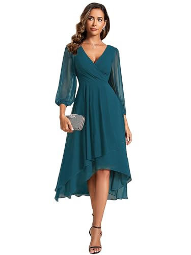 Image of Ever-Pretty Women's Chiffon V Neck Long Sleeves A-Line Midi Length Wedding Guest Dress Cocktail Party Formal Dresses 01926