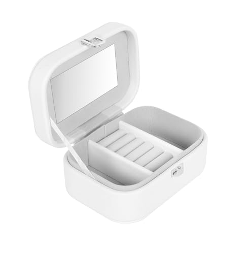Image of BucketList PU Leather Jewellery Organizer Box with Mirror | Travel-Friendly Jewelry Storage Case with Ring Slots & Secure Lock (Travel Jewellery Box with Mirror (White))