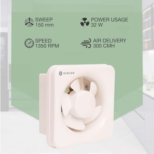 Image of SINGER Fresho N 150mm Energy Efficient Exhaust fan for Kitchen, Bathroom | Turbo Spin 1350 RPM, High Suction With Low Noise | High Speed, Powerful Motor, 100% Copper, 2 Yrs Warranty【White】