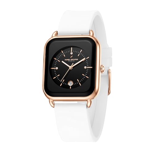 Image of Daniel Hechter Paris Lea Collection Watch for Women with Square Dial, Crystal and Rose Gold Markers, Date Display and Silicone Strap