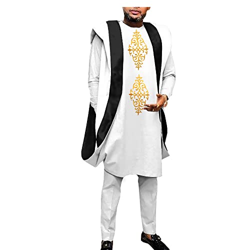 African Clothing for Men Dashiki Embroidery Agbada Robe Plus Size Dashiki Outfits Coats Shirts and Pants 3 Piece Set