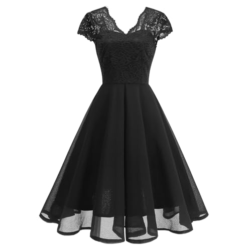 OMEWEE 1950er Vintage Retro Cocktailkleid Damen Elegant Knielang Rockabilly Kleider V-Ausschnitt Chiffon Kurzarm Spitzenkleid A-Line Swing Hochzeit...