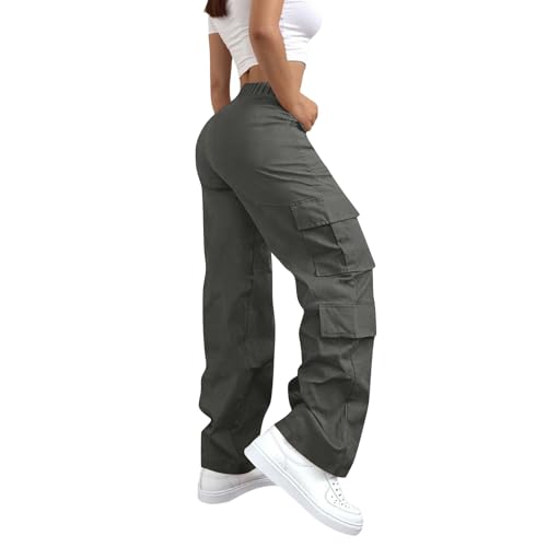 Womens Cargo Pants Elastic High Waisted Hiking Pants Baggy Stretchy Wide Leg Y2K Streetwear Trousers with Pockets2