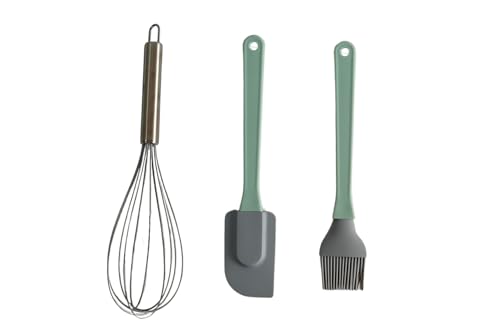 Zenker Set de Utensilios de Repostería, Incluye Batidor de Varillas de Acero Inoxidable, Espátula y Pincel de Silicona, Colores Verde Pastel, Gris e Inox, 30 cm, 3 piezas