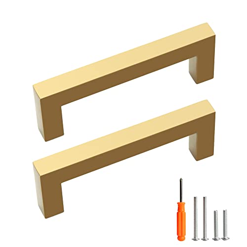 Redunest Cabinet Pulls Gold Cabinet Handles Square Drawer Pulls 10 Pack 3-3/4 Inch Stainless Steel Kitchen Door Cupboard Cabinet Handles Drawer Hardware Handles 96mm Hole Centers