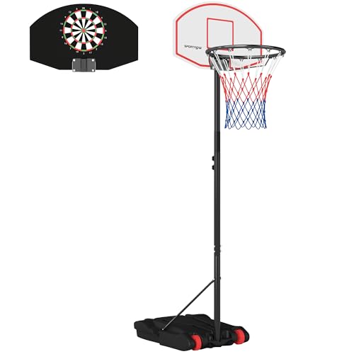 SPORTNOW Canasta de Baloncesto para Exterior con Tablero de Dardos Altura Ajustable 210-247 cm Aro de Baloncesto Portátil con Ruedas Base Rellenable para Adolescentes Adulto Interior y Exterior Negro