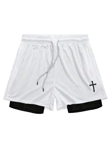 SHENHE Men's 2 in 1 Running Athletic Shorts with Liner Cross Print Graphic Goth Boyfriend Track Bottoms