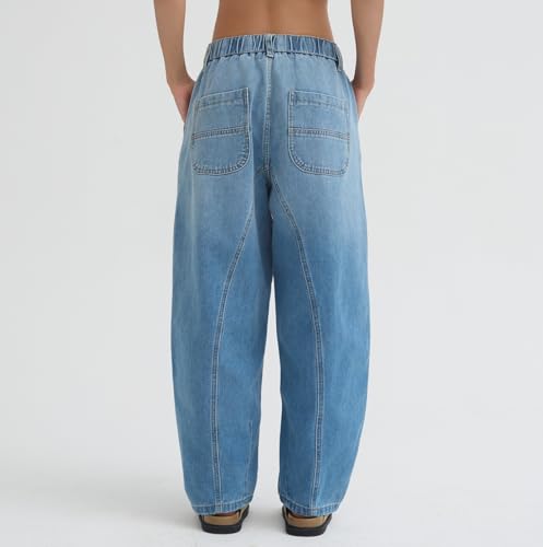 D-Sun Women's Baggy Barrel Jeans Wide Leg Elastic Mid Rise Jeans Casual Boyfriend Denim Ankle Pants2