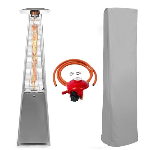 BU-KO Outdoor Patio Gas Heater | Garden, Camp, BBQ Parties | Stainless Steel Pyramid Style 13kw Propane Burner | Portable Wheels, Regulator & Hose | LPG Warm Heating Fire & Water Proof Cover Included