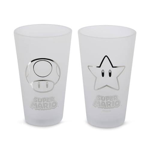 Elbenwald Lot de 2 verres – Motifs tels que Super Mario, Marvel, Pokemon & bien plus encore - Capacité : 490 ml - Hauteur : 16 cm - Verre mat (Super Mario)