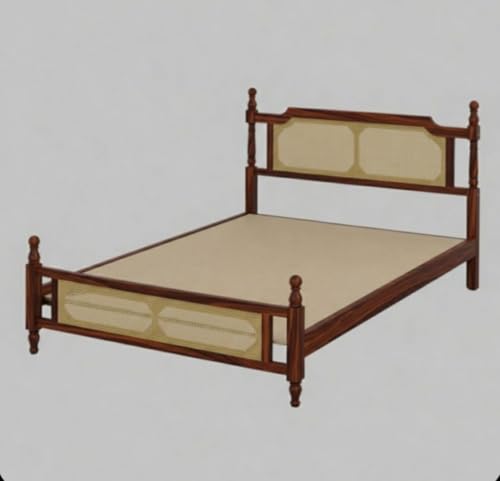 Image of JANGHU FURNITUREWALA Wooden /Rattan /Cane /King Size Bed Without Storage -Sheesham Wood -King Cot -Palang -Bed Stylish Bedroom Furniture /Hotel Furniture (Flor De Cerezo, Honey Finish) Rattan /Cane Bed
