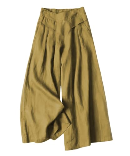 Women's Linen Culottes Cropped Wide Leg Pants Elastic Waist Casual Solid Comfy Baggy Palazzo Trousers with Pockets