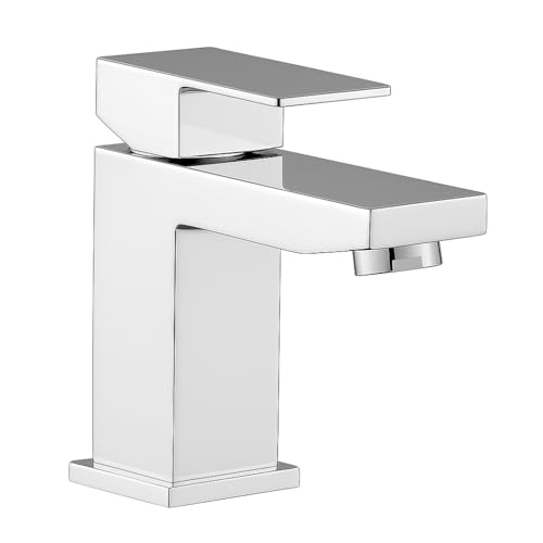 Edge - Grifo mezclador para lavabo de baño, cromado moderno, grifo monomando con diseño cuadrado, construcción de latón duradero, fácil instalación, ideal para lavabos pequeños, guardarropas y baños