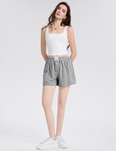 Image of LOMON Boxer Shorts for Women Summer Gingham Pajamas 2026 Lounge Sleep Pj Plaid Shorts Y2K Beach Bottoms with Pockets