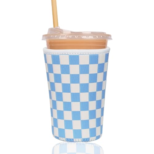 Image of Reusable Insulated Sleeve for Iced Coffee Cup, Coffee Neoprene Sleeve for Cold & Hot Drinks, Beverage Holder for Iced Coffee (Blue Grid, Medium: 22-24oz)
