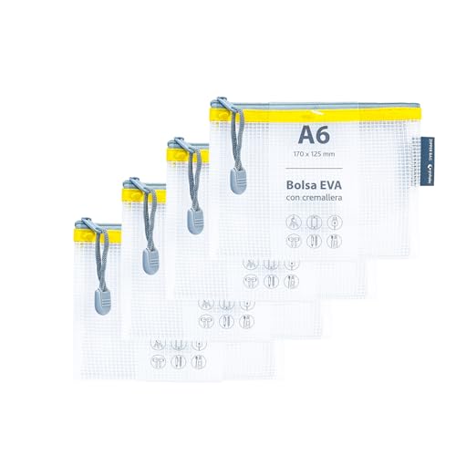 Grafoplas Pack de 4 Bolsas con Cremallera EVA a6, Fabricadas con Goma EVA Transparente, Cremallera Amarilla, Ideal para Transportar Todo Tipo de Pequeños Artículos, Documentos, Cosméticos o Puzzles